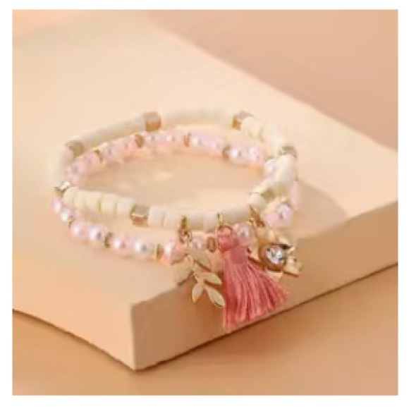 2 Piece Cream and Pink Beaded Stretch Bracelets - Picture 5 of 5